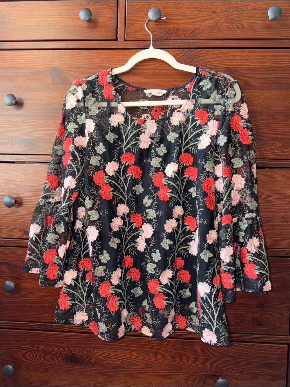 Solitaire Embroidered Boho Blouse Black Floral Bell Sleeve S Anthropologie